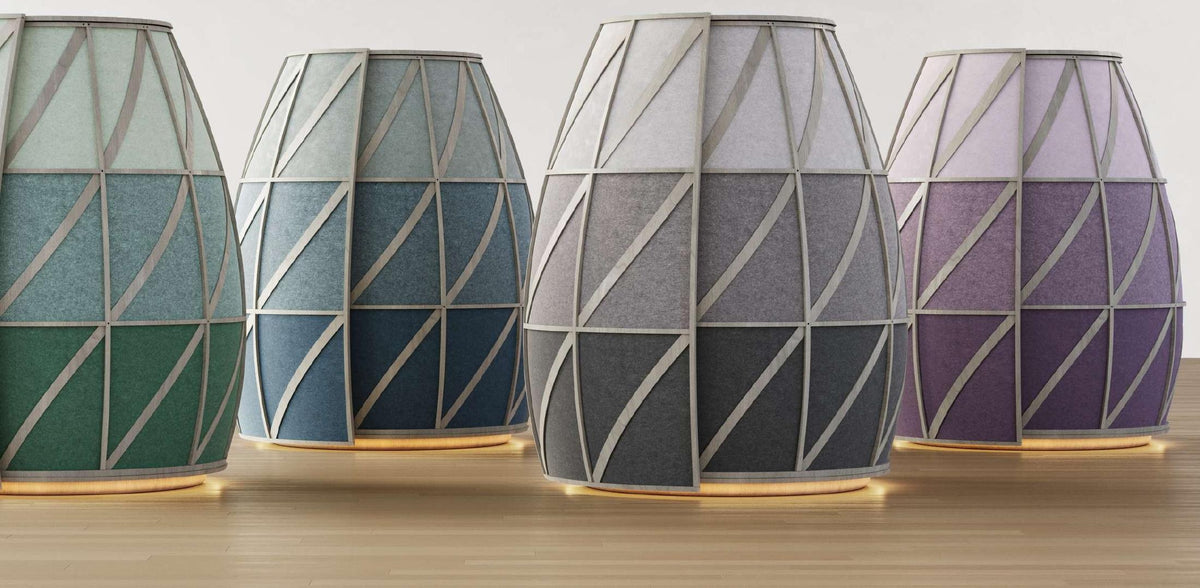 Iris pods in painted grey timber with a range of felt colours